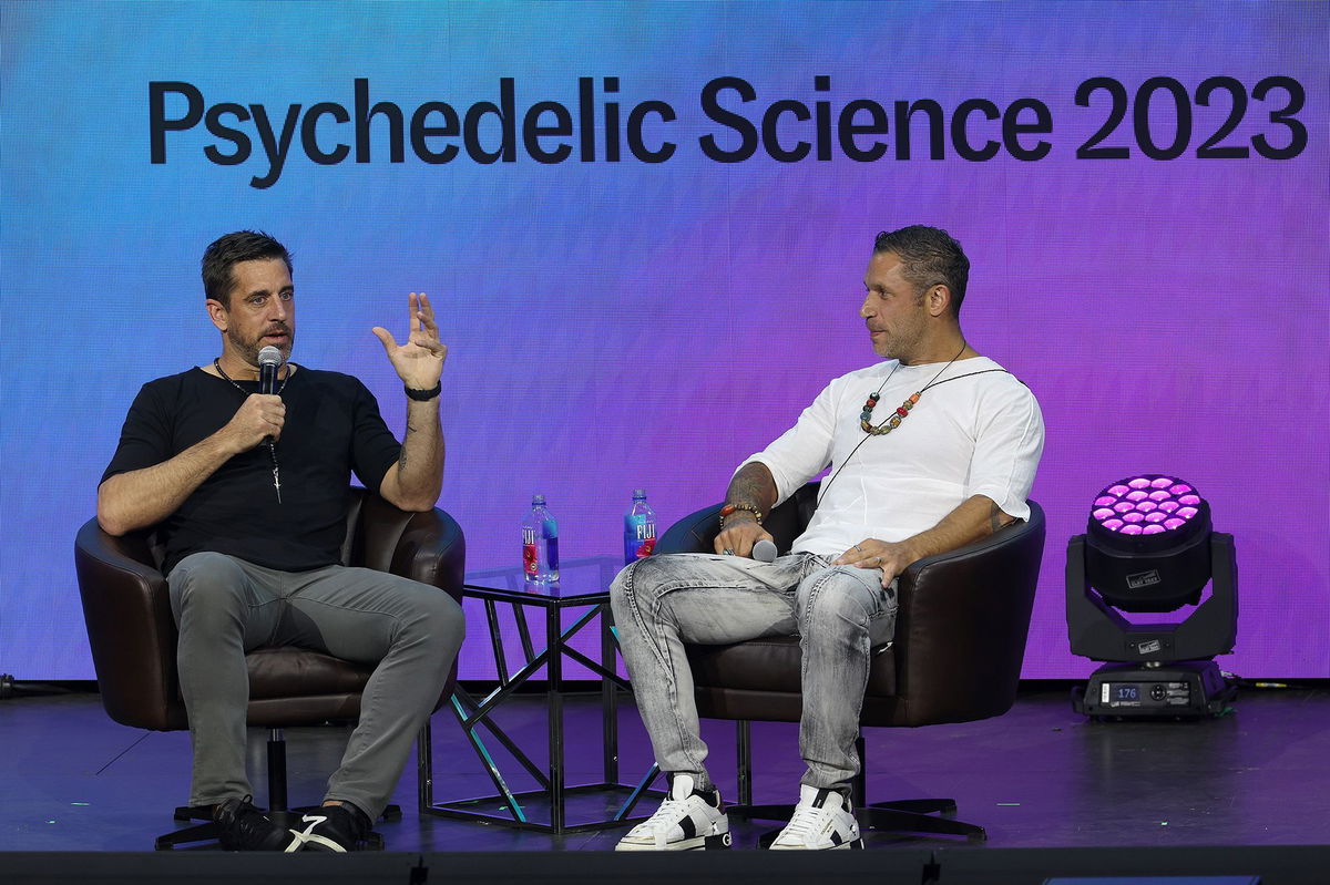 <i>Matthew Stockman/Getty Images</i><br/>Rodgers speaks as part of Psychedelic Science 2023 in Denver