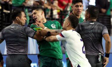 Gerardo Arteaga (center left) and Sergiño Dest (center right) scuffle during the Concacaf Nations League semifinal between the US and Mexico.