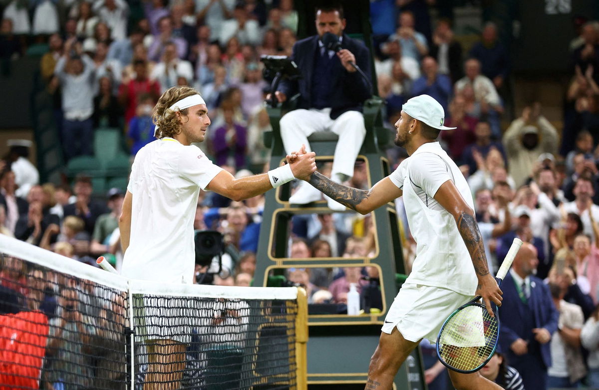 <i>Hannah Mckay/Reuters</i><br/>Kyrgios defeated Tsitsipas in their heated third-round match at Wimbledon.