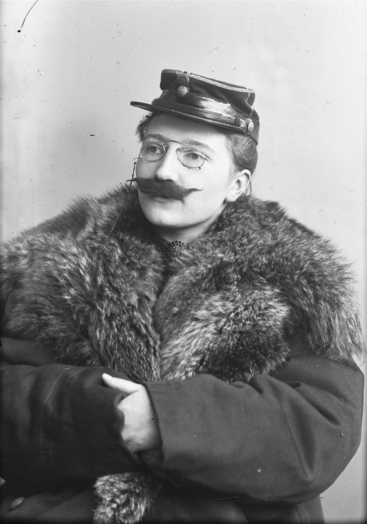 <i>Preus Museum--Norwegian Museum of Photography</i><br/>Bolette Berg pictured with a handlebar mustache. Little is known about Berg