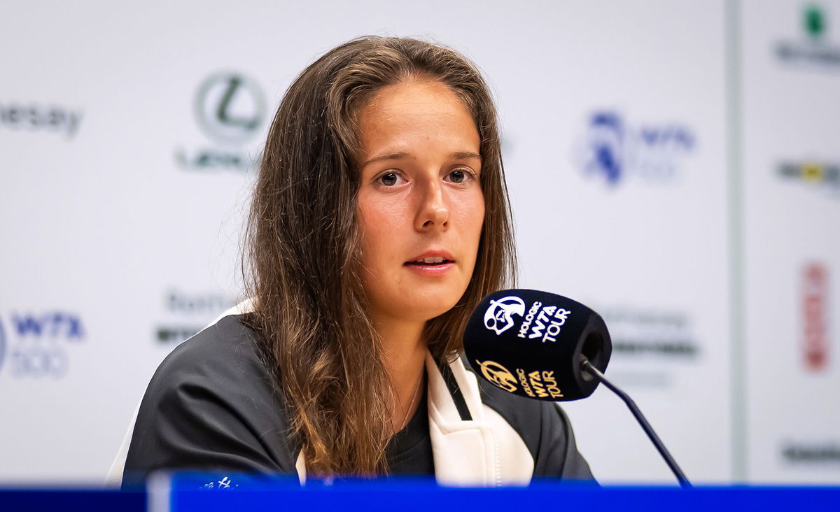 <i>Robert Prange/Getty Images</i><br/>Daria Kasatkina talks to the media after defeating Anhelina Kalinina at Eastbourne