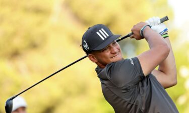 Patrick Mahomes plays a shot during Capital One's The Match in Las Vegas.