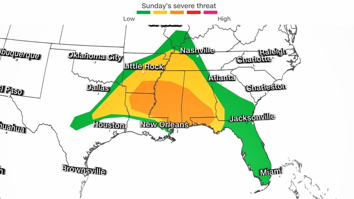 <i>CNN</i><br/>About 40 million people across the southern US are at risk for severe weather on June 18 as storms move into the Lower Mississippi Valley and the central Gulf Coast states