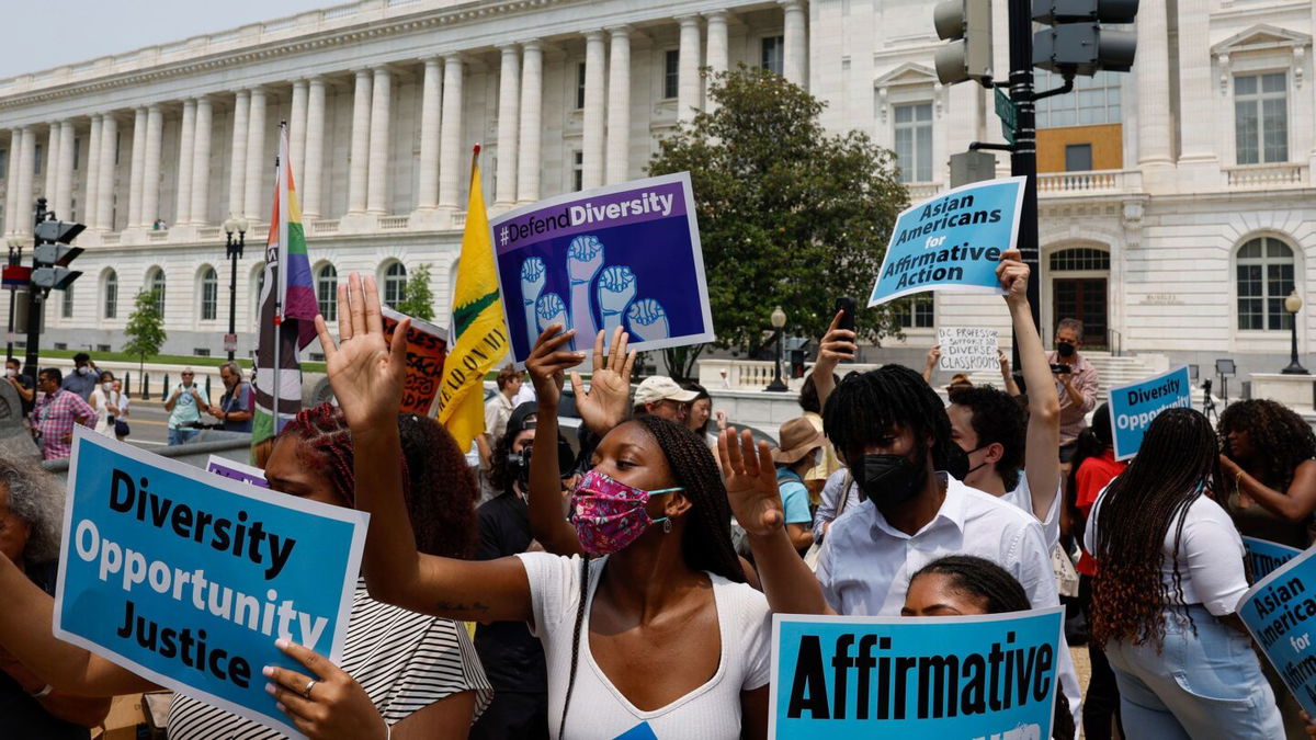 <i>Anna Moneymaker/Getty Images</i><br/>Supporters of affirmative action protest near the US Supreme Court Building on Capitol Hill on June 29