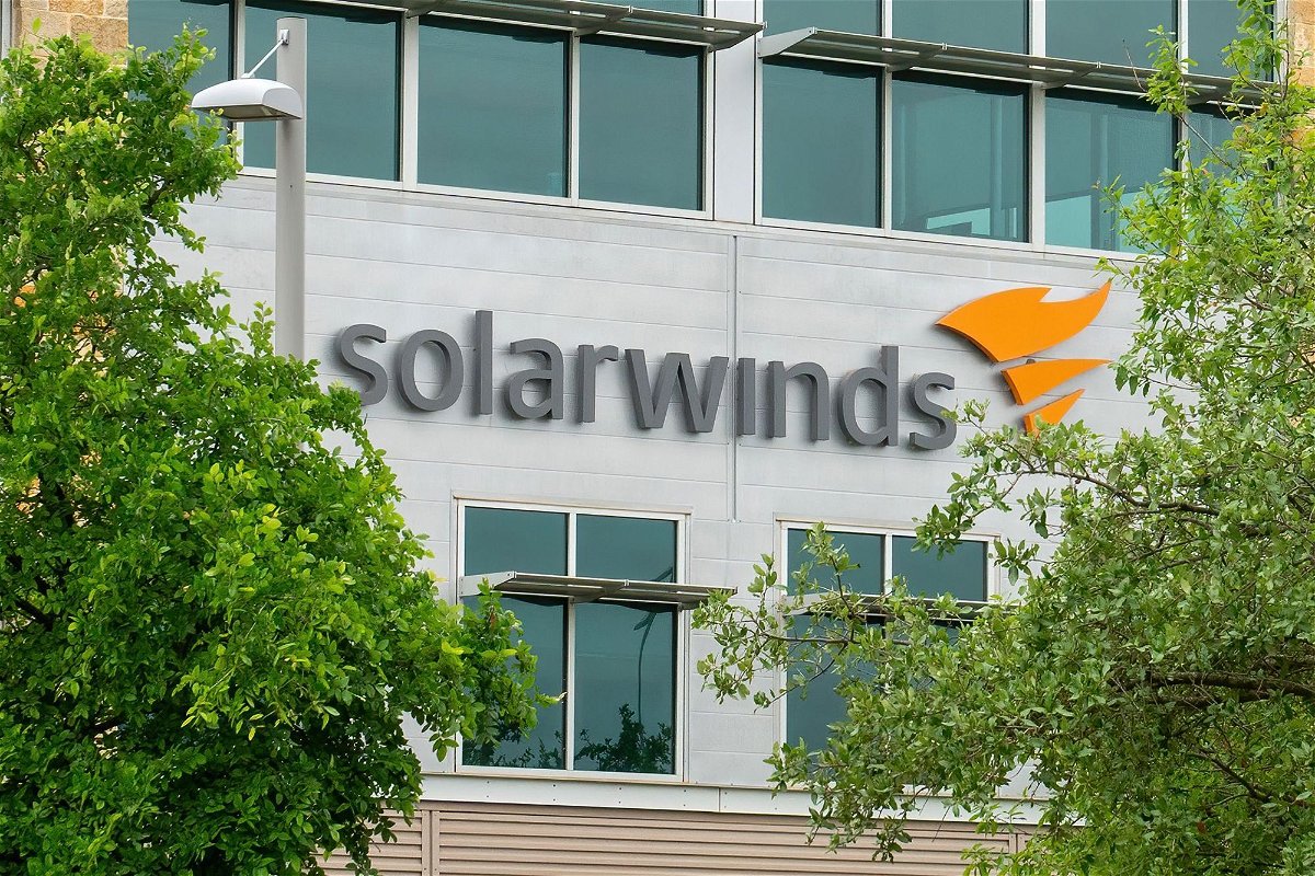 The SolarWinds Corp. logo is seen on a sign at the headquarters in Austin