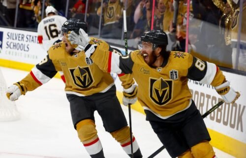 Jonathan Marchessault #81 of the Vegas Golden Knights celebrates a goal with Ivan Barbashev #49 during Game One of the NHL Stanley Cup Final on June 3 at T-Mobile Arena in Las Vegas