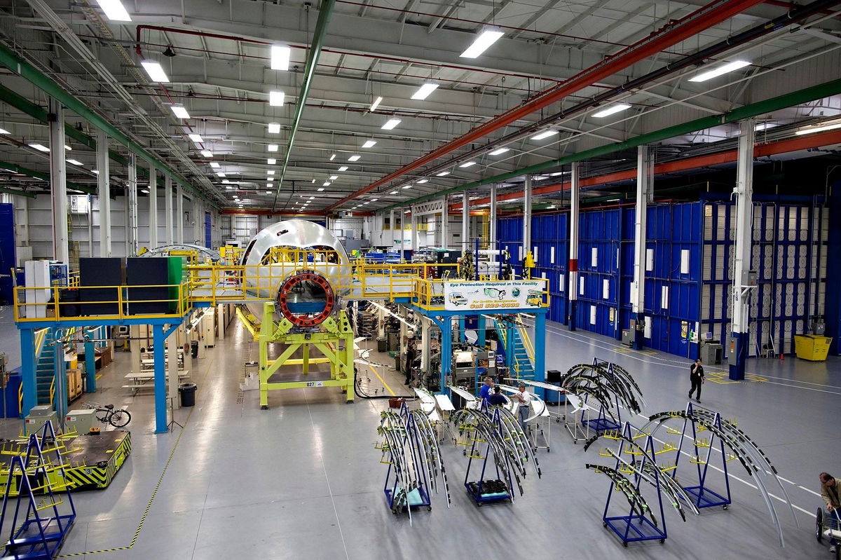 <i>Daniel Acker/Bloomberg/Getty Images/FILE</i><br/>A Boeing 787 composite forward fuselage section sits on the factory floor at Spirit AeroSystems in Wichita