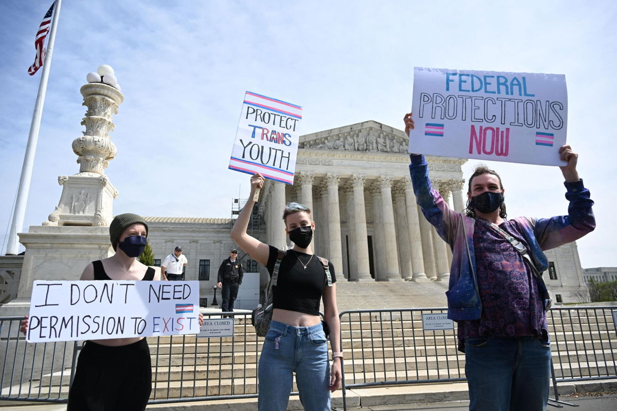 <i>Andrew Caballero-Reynolds/AFP/Getty Images</i><br/>Activists for transgender rights gather in front of the US Supreme Court in Washington