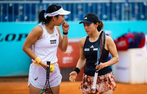 Miyu Kato (right) and Aldila Sutjiadi were disqualified from the French Open after a ball girl was hit by a ball on June 4. Sutjiadi and Kato are pictured here at the 2023 Mutua Madrid Open on April 29.