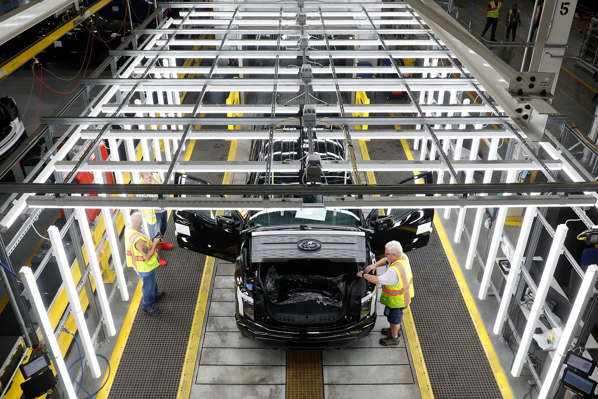 <i>Jeff Kowalsky/AFP/Getty Images/FILE</i><br/>Ford Motor Co. battery powered F-150 Lightning trucks under production at their Rouge Electric Vehicle Center in Dearborn