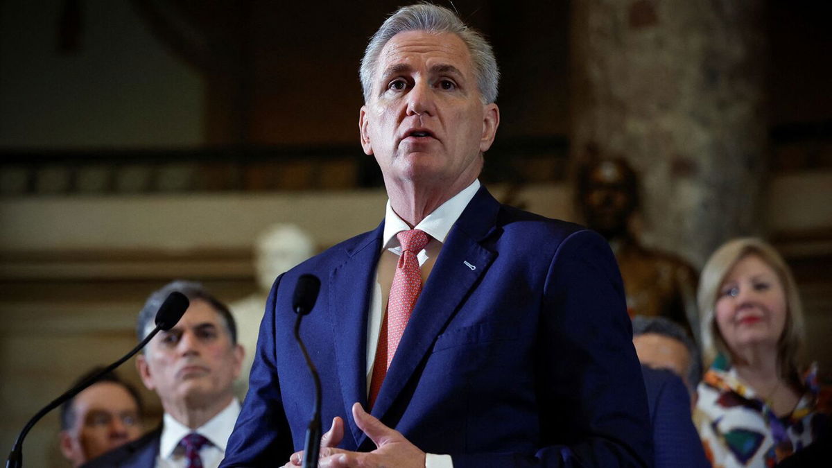 <i>Evelyn Hockstein/Reuters/File</i><br/>House Speaker Kevin McCarthy speaks in Statuary Hall in the US Capitol building in Washington