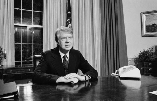 President Jimmy Carter is seen here at his desk in the Oval Office prior to delivering a speech in April 1977.