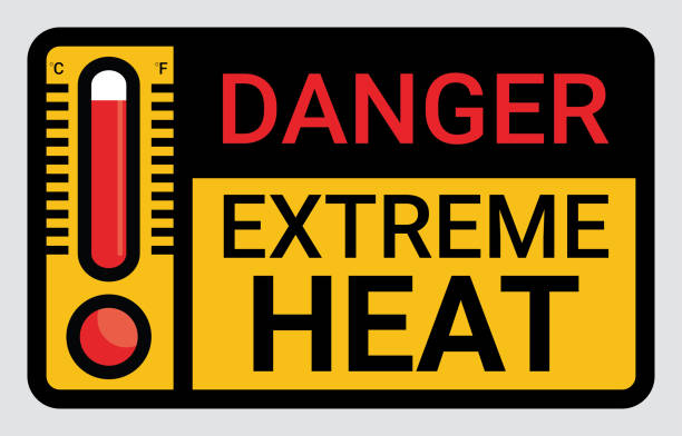 Vector high temperature warning square sign. Extreme hot thermometer temperature conditions danger heat symbol, banner, poster or sticker for public places. Illustration isolated on background.