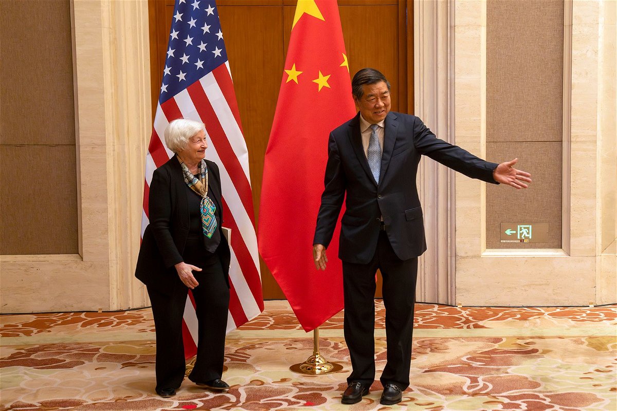 <i>Mark Schiefelbein/Pool/Getty Images</i><br/>Chinese Vice Premier He Lifeng gestures to US Treasury Secretary Janet Yellen during a meeting on July 8