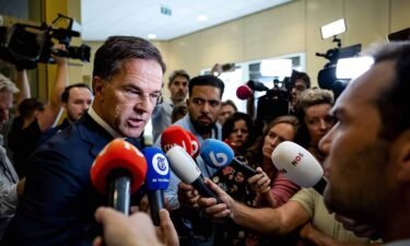 Outgoing Prime Minister Mark Rutte speaks to the press during a suspension after his statement on the fall of the cabinet at the House of Representatives in The Hague