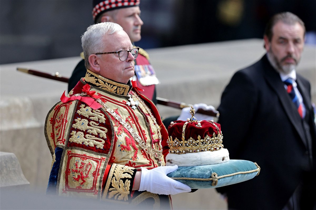 A general view of the Scottish Crown Jewels being carried ahead of a national service of thanksgiving and dedication to the coronation of King Charles III and Queen Camilla at St Giles' Cathedral on July 5 in Edinburgh