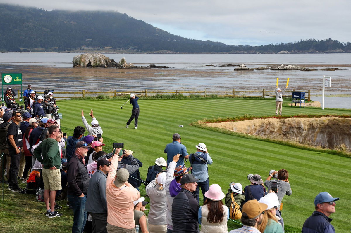 <i>Harry How/Getty Images</i><br/>Corpuz tees off for the final time on Sunday.