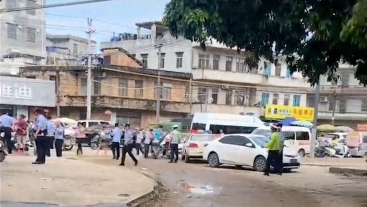 <i>Video obtained by Reuters</i><br/>The area outside the kindergarten was cordoned off by police after the attack on July 10