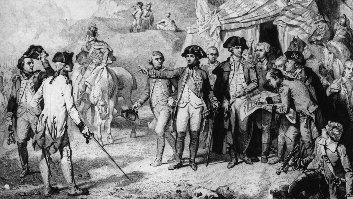 <i>Hulton Archive/Getty Images</i><br/>A depiction of Generals Rochambeau and Washington giving the last orders for attack at the siege of Yorktown in 1781. With them is the Marquis de Lafayette.