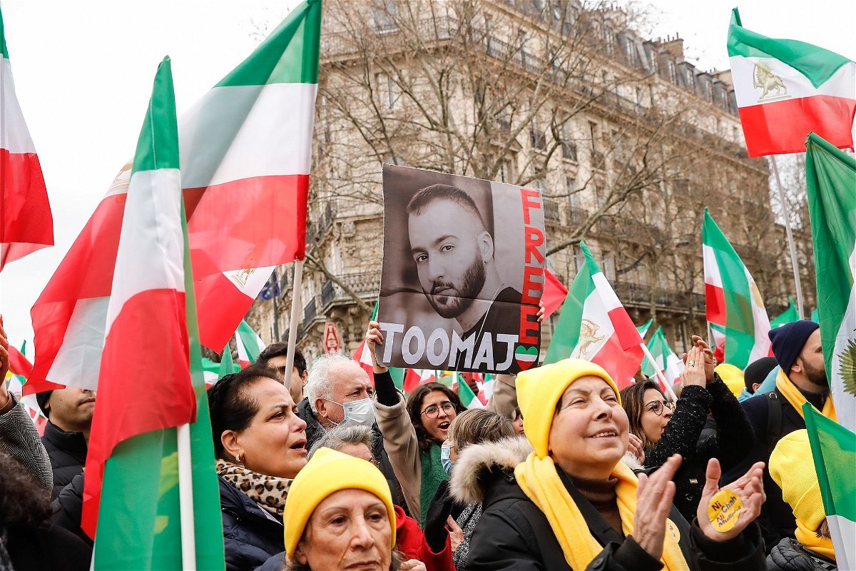 Protesters called for Iranian rapper Toomaj Salehi's release during a demonstration on the 44th anniversary of the Iranian revolution