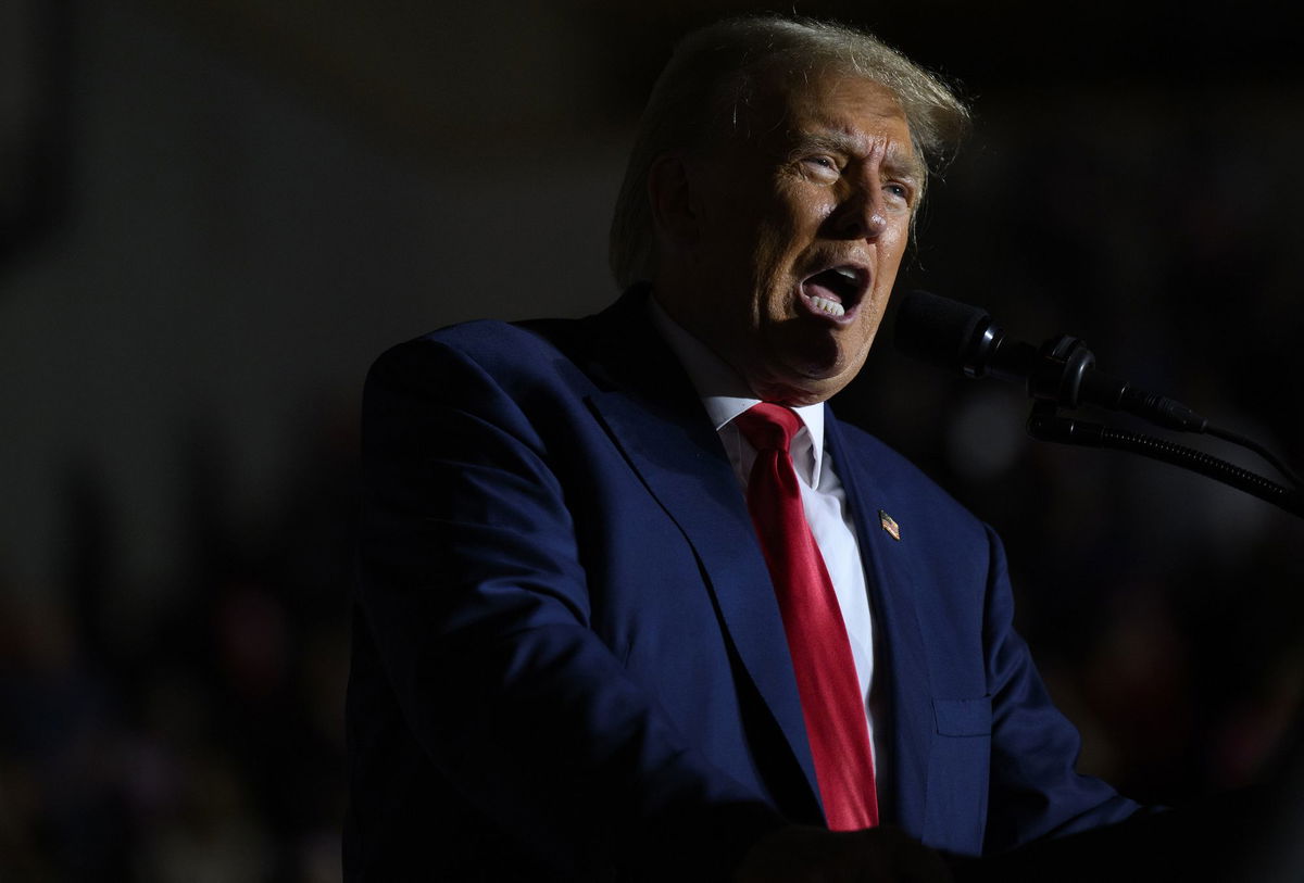 <i>Jeff Swensen/Getty Images</i><br/>Former President Donald Trump speaks to supporters during a political rally at Erie Insurance Arena on July 29