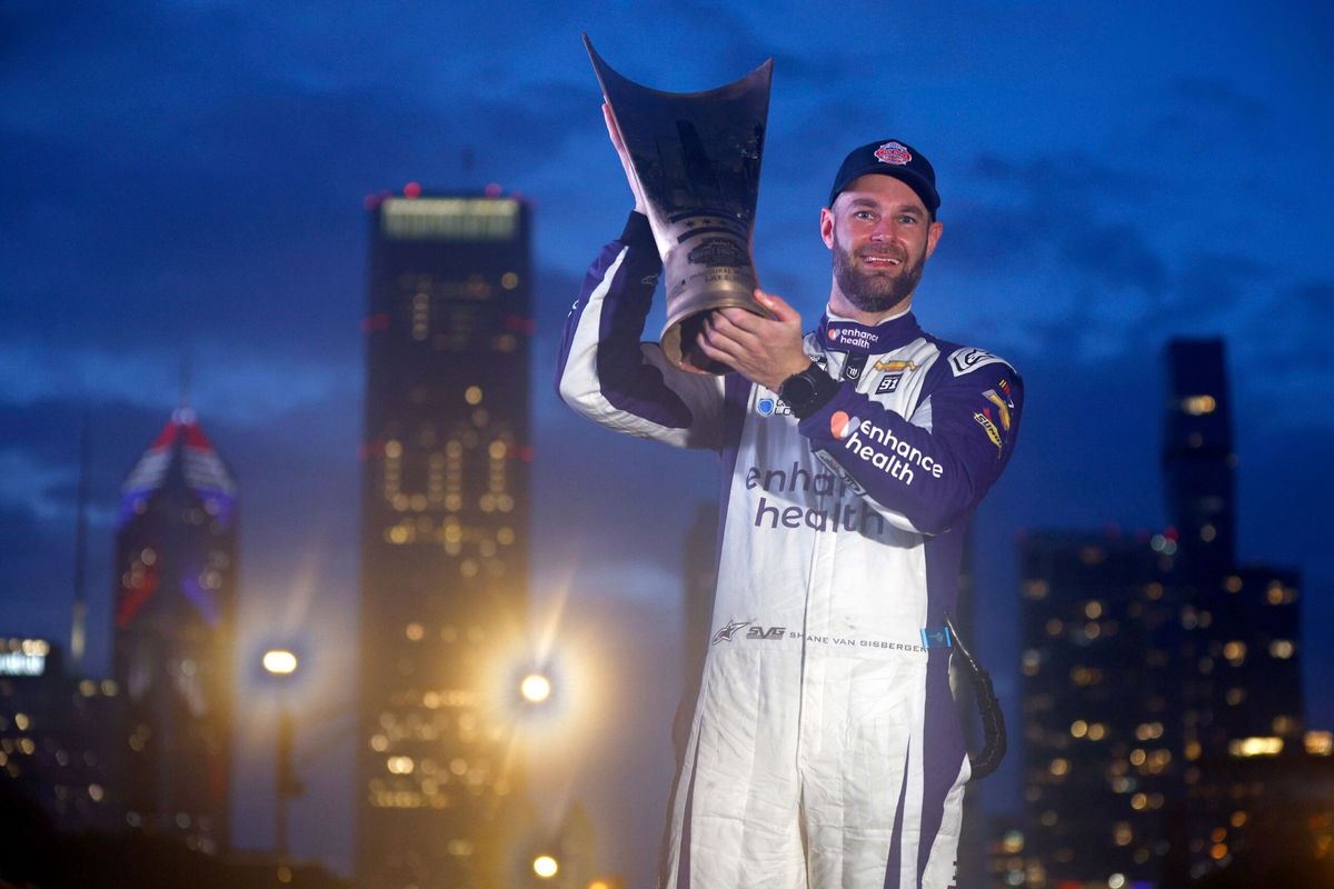 <i>Jared C. Tilton/Getty Images</i><br/>Shane Van Gisbergen celebrates in victory lane after winning the NASCAR Cup Series Grant Park 220 at the Chicago Street Course on Sunday.