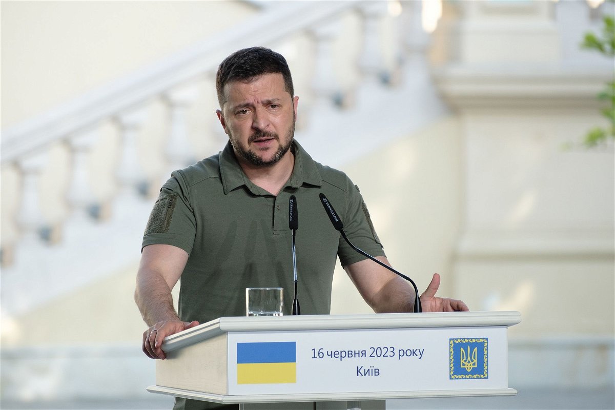 <i>Vitalii Nosach/Global Images Ukraine/Getty Images/FILE</i><br/>Ukrainian President Volodymyr Zelensky is seen here at a press conference in Kyiv on June 16.