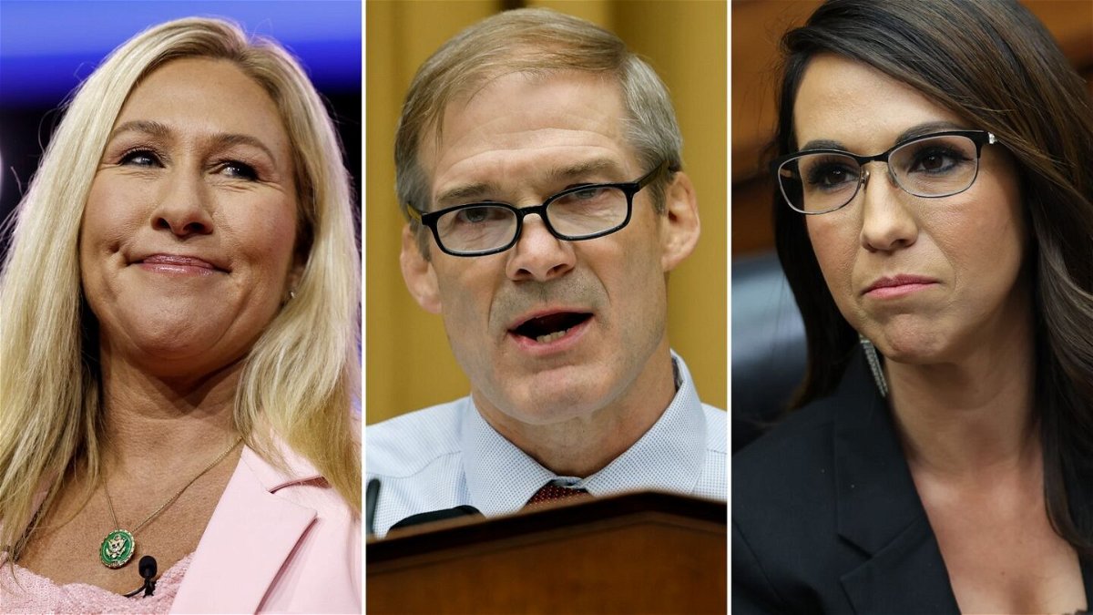 <i>Getty Images</i><br/>Jim Jordan (center) did not support the ousting of Marjorie Taylor Greene (left) after her confrontation with Lauren Boebert (right).