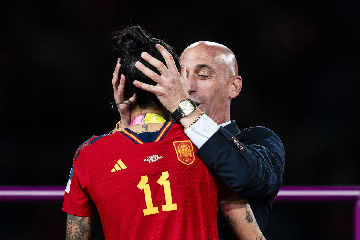 <i>Eurasia Sport Images/Getty Images</i><br/>President of the Royal Spanish Football Federation Luis Rubiales (R) kisses Jennifer Hermoso of Spain (L) during the medal ceremony of FIFA Women's World Cup Australia & New Zealand 2023 Final match between Spain and England at Stadium Australia on August 20.