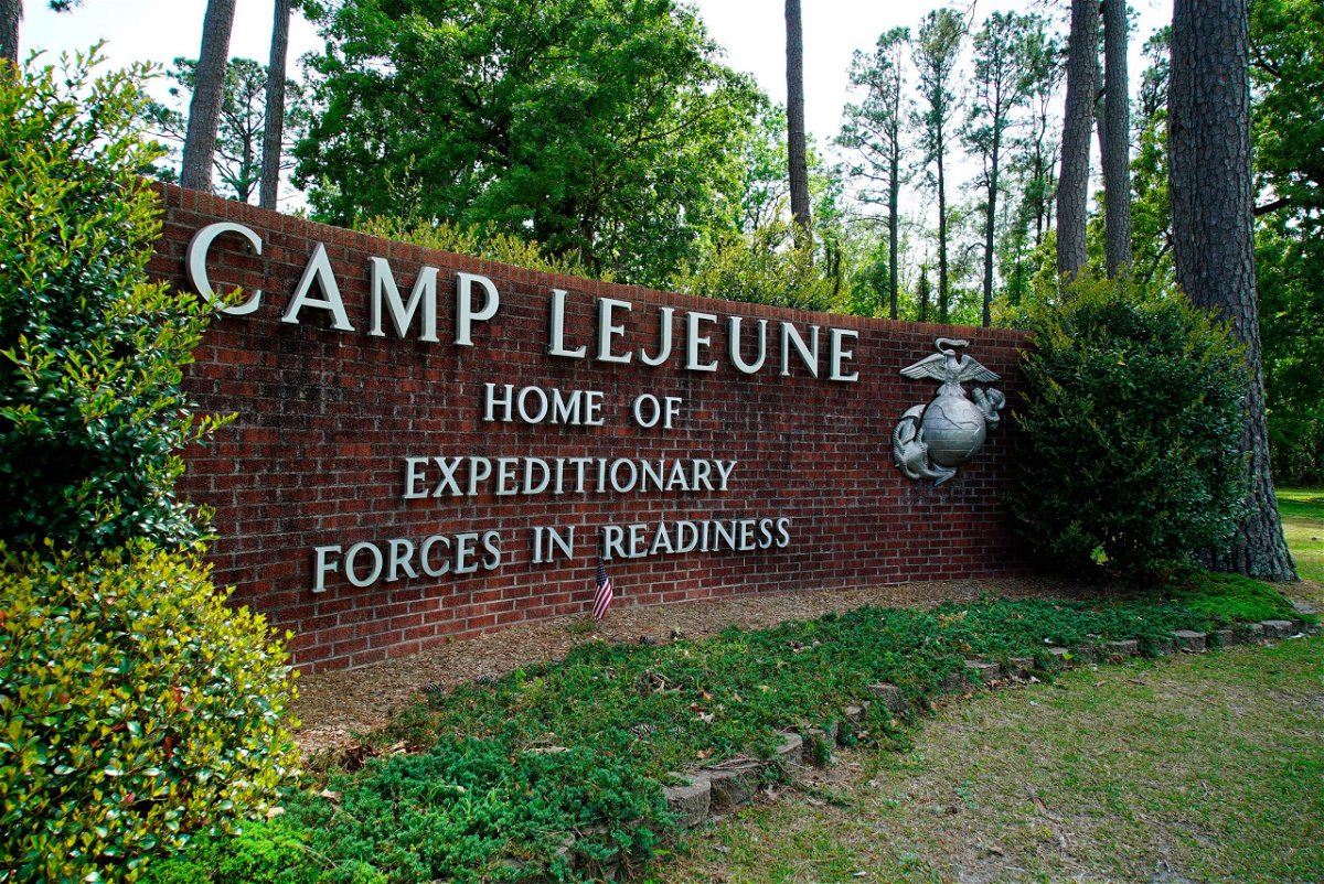 <i>Allen G. Breed/AP</i><br/>Signage stands on the main gate to Camp Lejeune Marine Base outside Jacksonville