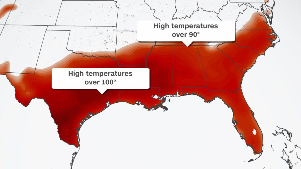 <i>CNN</i><br/>Monday high temperature potential across the South is seen here.