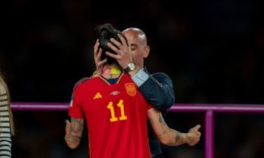 Jenni Hermoso is kissed by president of the RFEF Luis Rubiales during the FIFA Women's World Cup 2023 Final football match between Spain and England at Stadium Australia in Sydney on August 20.