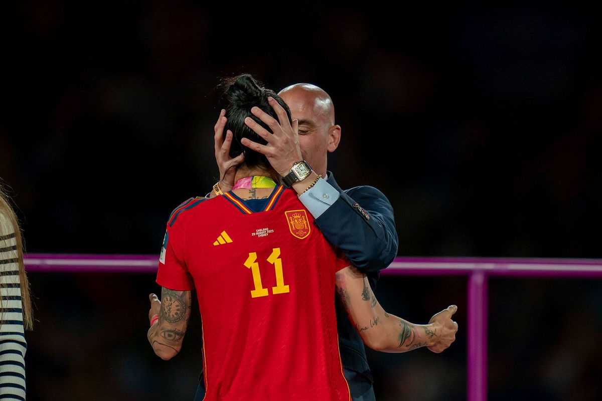 <i>Noe Llamas/SPP/Sipa USA/AP</i><br/>Jenni Hermoso is kissed by president of the RFEF Luis Rubiales during the FIFA Women's World Cup 2023 Final football match between Spain and England at Stadium Australia in Sydney on August 20.