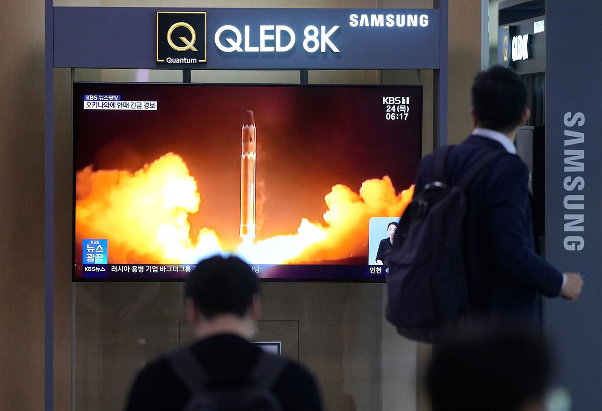 <i>Lee Jin-man/AP</i><br/>A TV screen at the Seoul Railway Station in South Korea shows a news report on the North Korean launch on August 24.