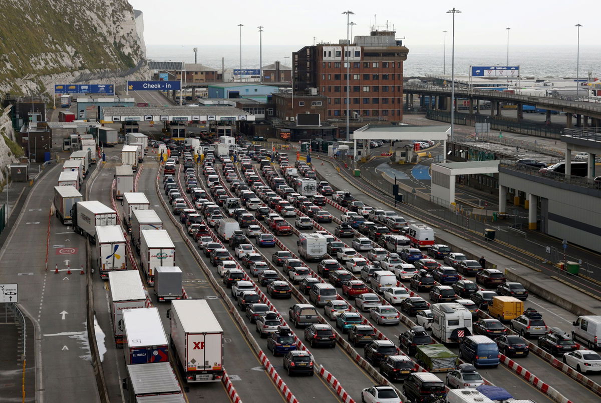 <i>Dan Kitwood/Getty Images</i><br/>Queues of vehicles at the Port of Dover in England seen in July.