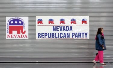 Signs are posted at a high school in Las Vegas where Republican and Democrat caucuses were held in January 2008.