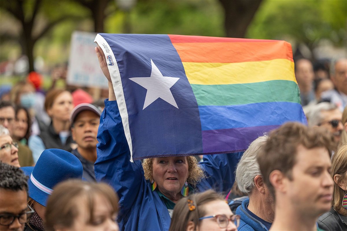 <i>Julia Robinson for The Washington Post/Getty Images/FILE</i><br/>Supporters of trans rights rally on the steps of the Texas Capitol on March 20.  A judge in Texas has blocked for now a new law that prohibits gender-affirming care for most minors in the state.