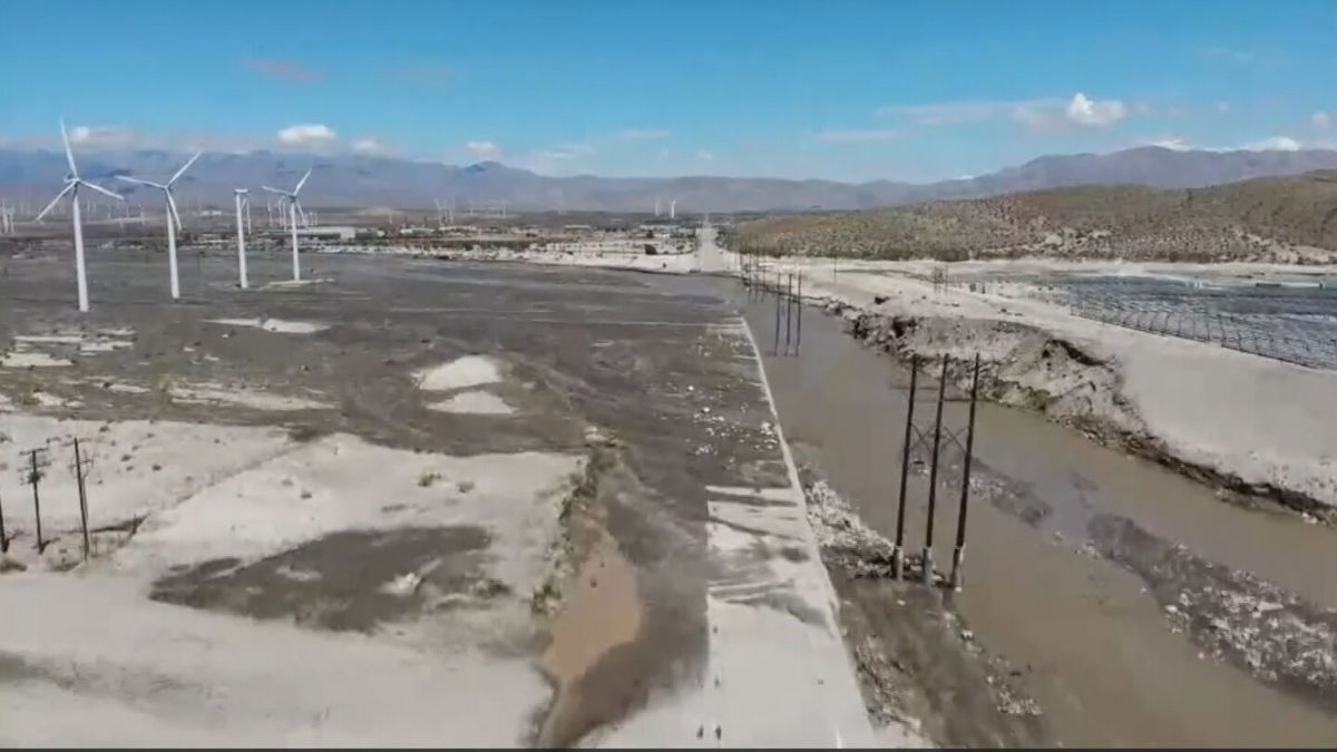 Drone shows damage to N Indian Canyon Drive at the Whitewater Wash in Palm Springs (8/21/23)