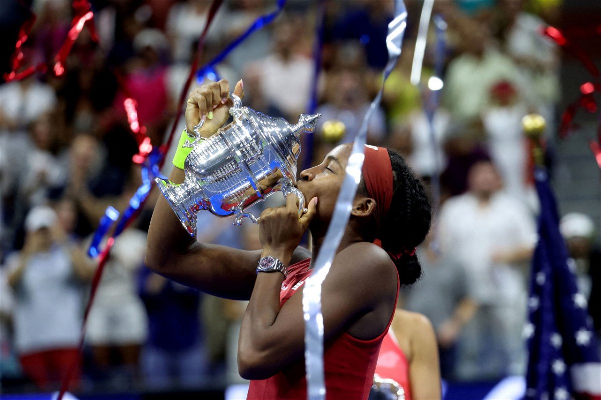 <i>Mike Segar/Reuters</i><br/>Coco Gauff kisses her trophy after winning the US Open women's singles final at Arthur Ashe Stadium in New York on Saturday