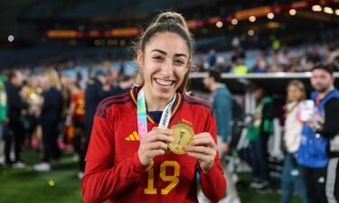 Carmona shows her winner's medal at the Women's World Cup final on August 20.