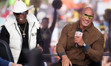 Colorado Buffaloes head coach Deion Sanders and celebrity guest picker Dwayne Johnson on the set of ESPN's College GameDay.