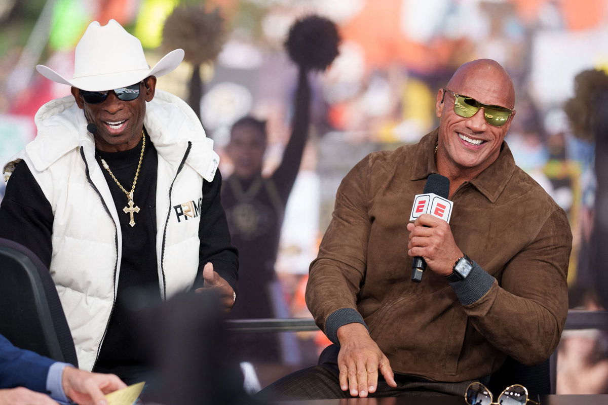 <i>Andrew Wevers/USA Today Sports/Reuters</i><br/>Colorado Buffaloes head coach Deion Sanders and celebrity guest picker Dwayne Johnson on the set of ESPN's College GameDay.