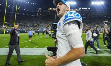 Jared Goff celebrates the Detroit Lions' victory over the Green Bay Packers.