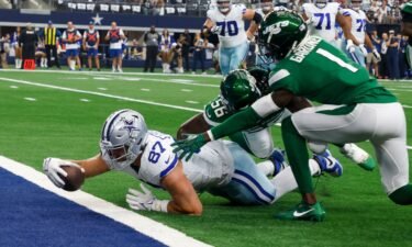Dallas Cowboys tight end Jake Ferguson scores in the first half of a 30-10 win over the New York Jets at AT&T Stadium on September 17. It was the Jets' first game without quarterback Aaron Rodgers