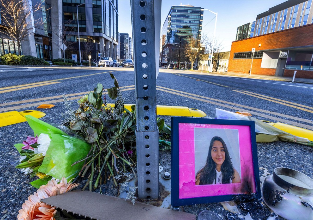<i>Lindsey Wasson/AP</i><br/>Protesters march late last week through downtown Seattle after the release of body camera footage of a city officer apparently joking about the death of Jaahnavi Kandula.