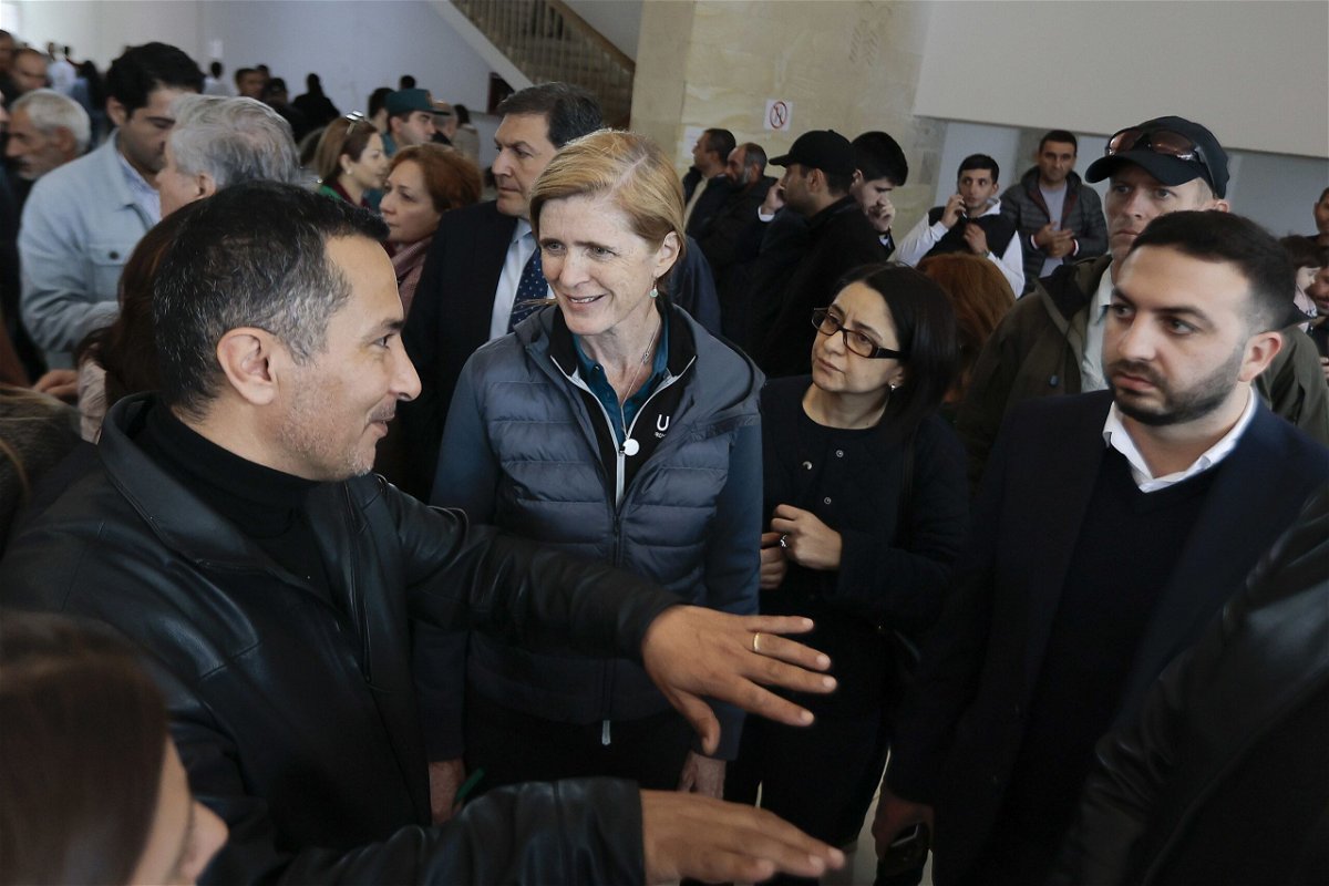 <i>Irakli Gedenidze/Reuters</i><br/>USAID's Samantha Power visited the aid center for refugees from Nagorno-Karabakh in the border village of Kornidzor