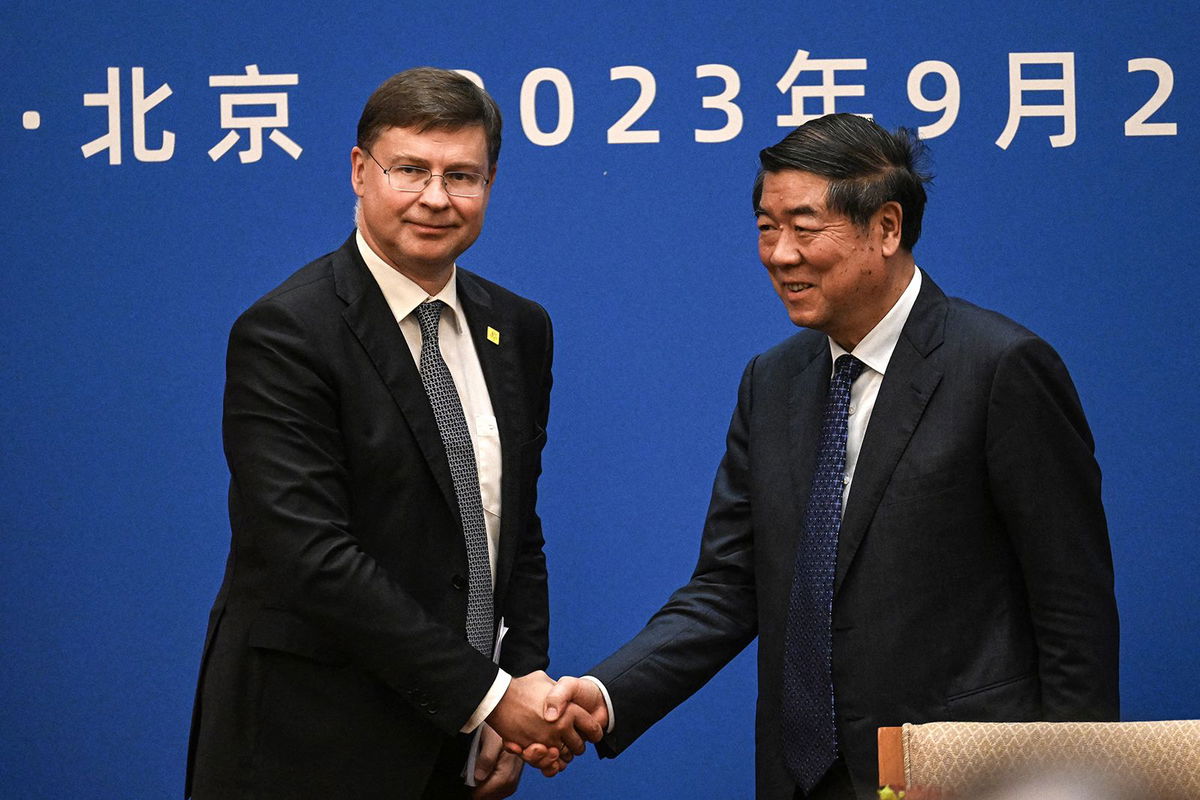 <i>Pedro Pardo/AFP/Getty Images</i><br/>European Commissioner for Trade Valdis Dombrovskis and Chinese Vice Premier He Lifeng at the Diaoyutai state guesthouse in Beijing on Monday.