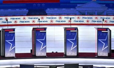 The stage is pictured ahead of the first Republican Presidential primary debate at the Fiserv Forum in Milwaukee on August 23.