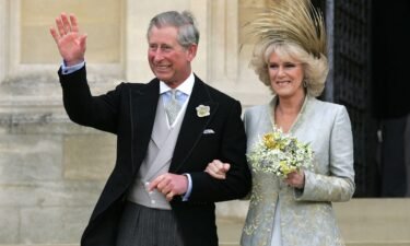 King Charles and Queen Consort outside of St. George's Chapel at Windsor Castle following their civil ceremony in 2005.