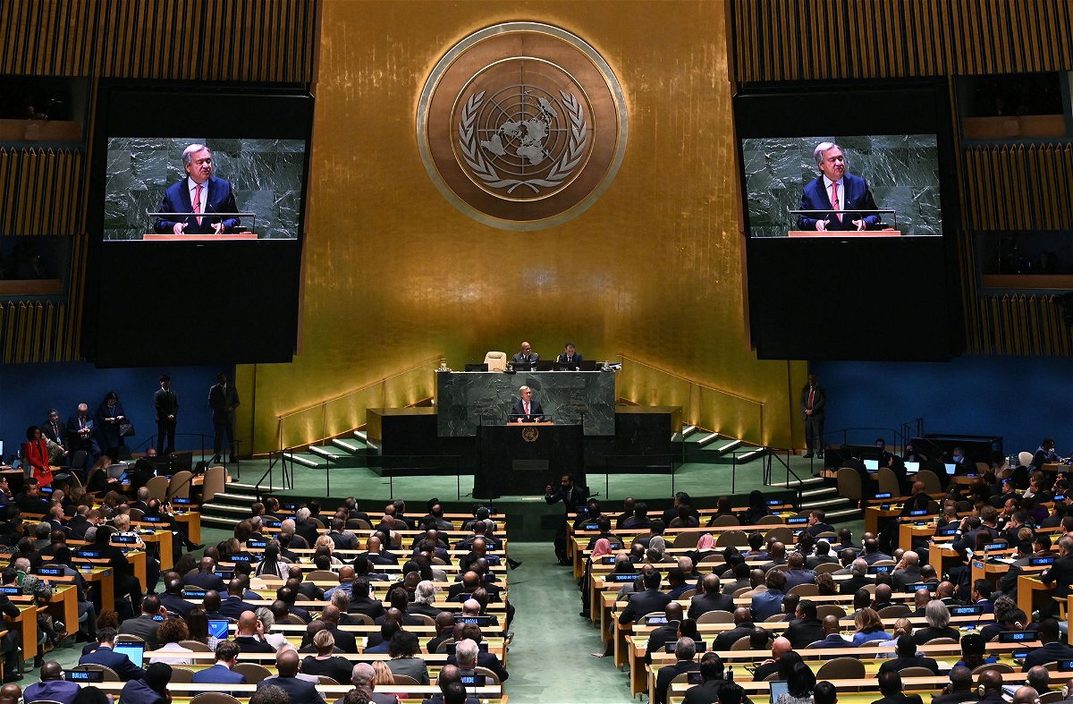 <i>Timothy A. Clary/AFP/Getty Images</i><br/>US Secretary-General Antonio Guterres addresses the 78th United Nations General Assembly at UN headquarters in New York City on September 19.